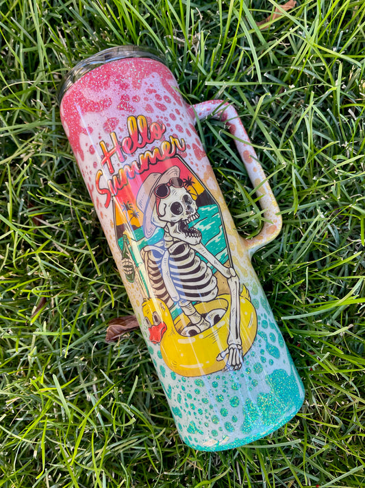 20 ounce Skinny w/ Handle “Hello Summer” Skeleton Tumbler